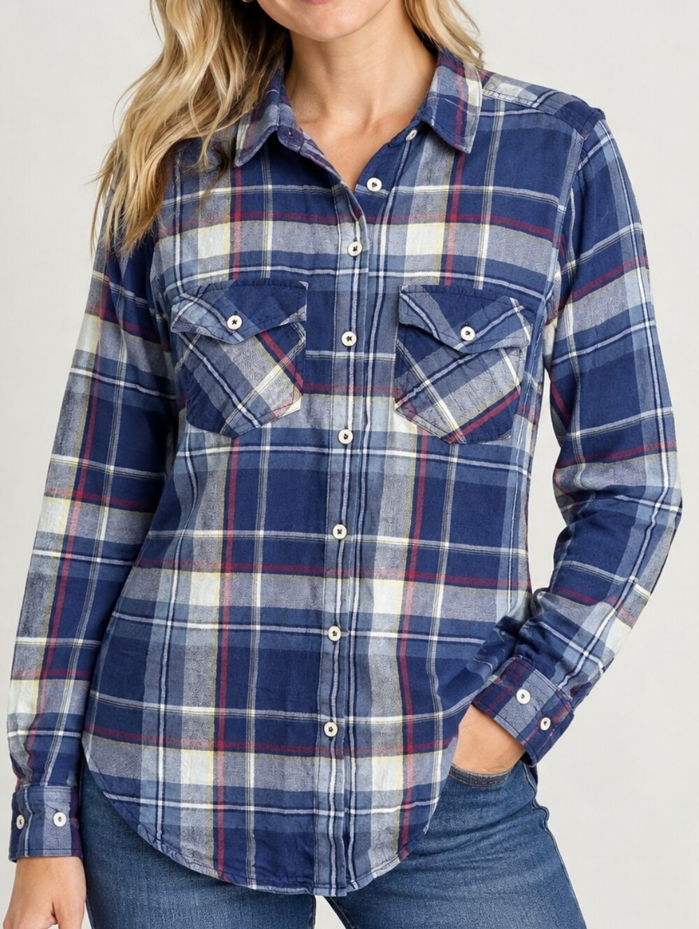 Jessica Simpson Plaid Flannel Shirt Medium Blue Long Sleeve Western Button Down